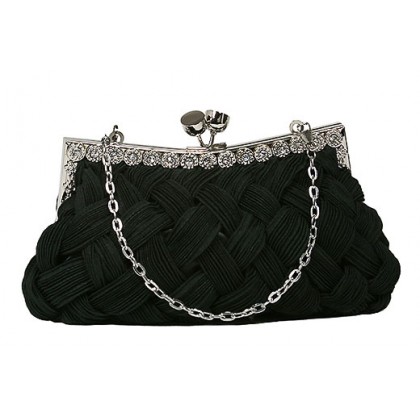 Evening Bag - 12 PCS - Woven Braided Clutch w/ Rhinestone Accents Frame - Black - BG-HE1021BK